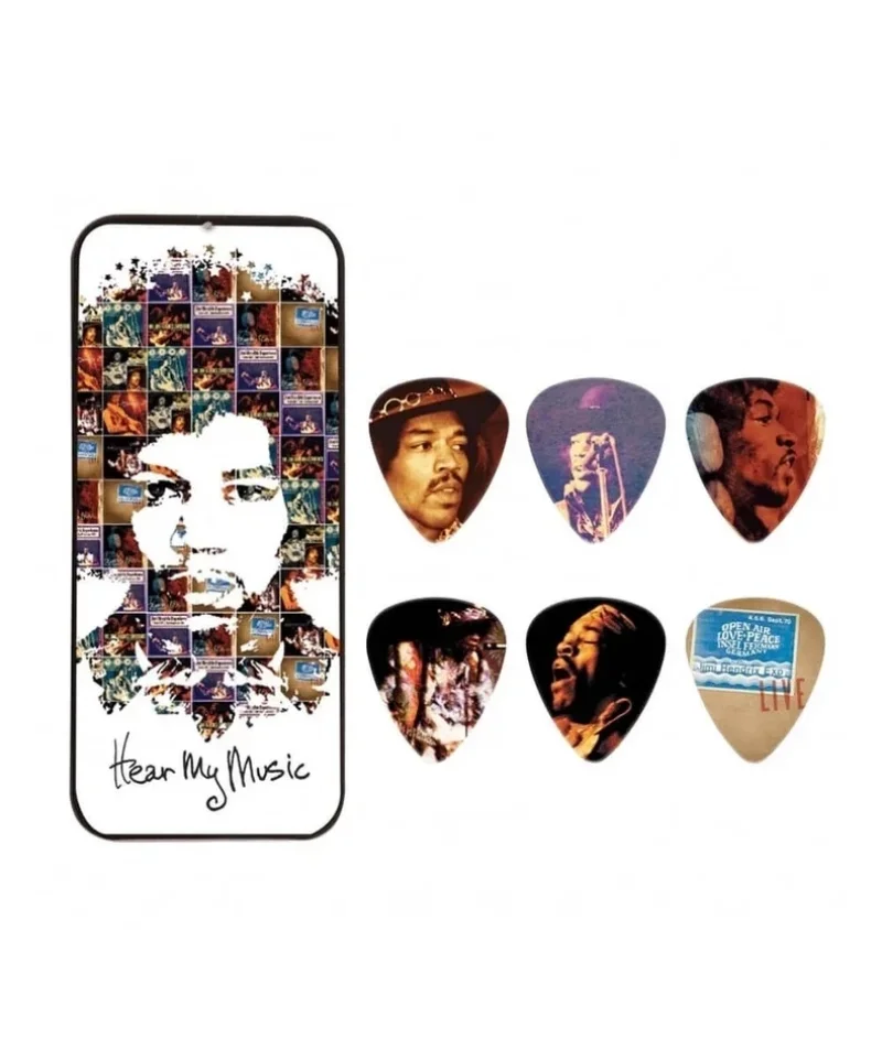 Китари Jim Dunlop JH-PT07M Jimi Hendrix Hear My Music комплект 6 перца Medium в метална кутия