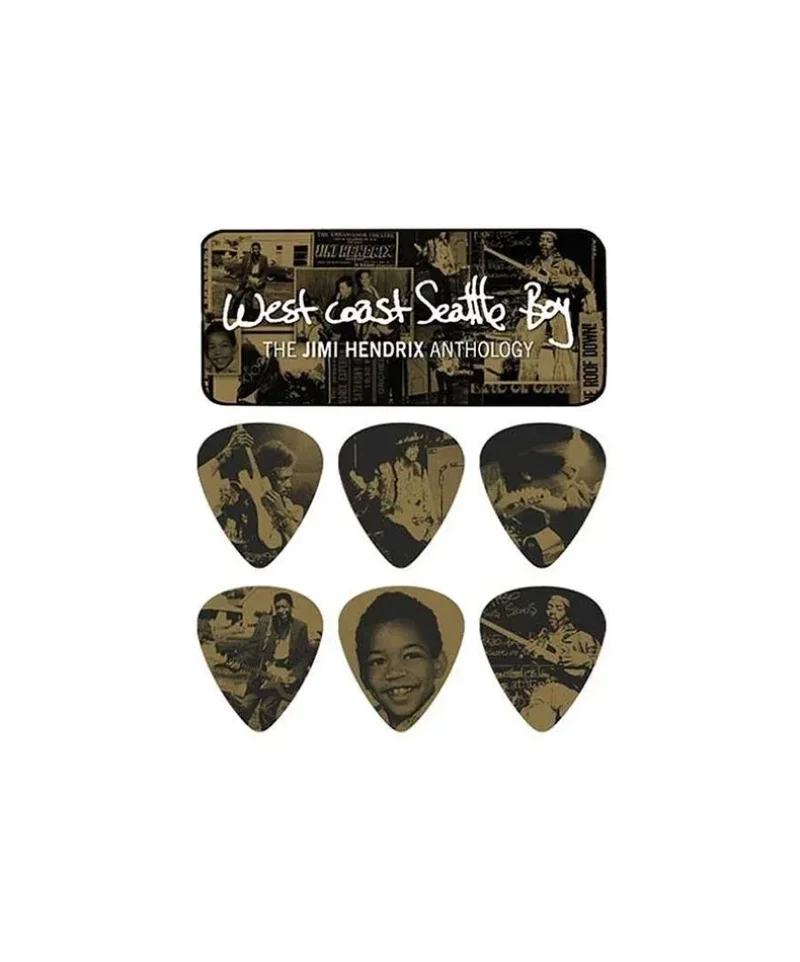 Китари Jim Dunlop JH-PT10H Jimi Hendrix West Coast Boy комплект 6 перца Heavy в метална кутия