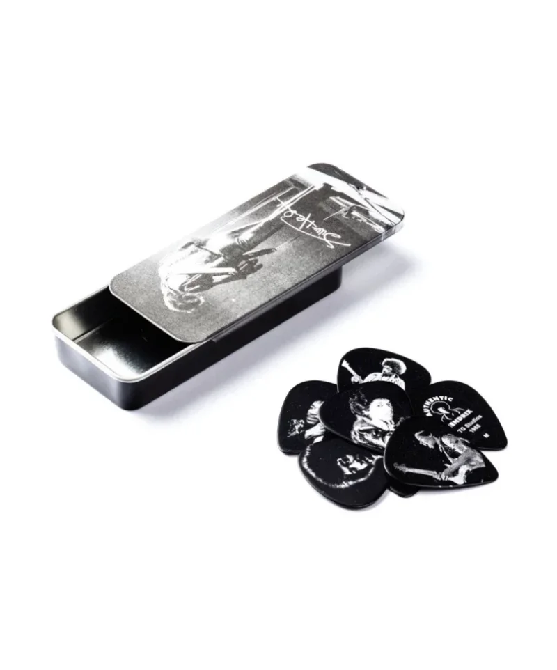 Jim Dunlop JH-PT06M Jimi Hendrix Silver Portrait I комплект 6 перца Medium в метална кутия