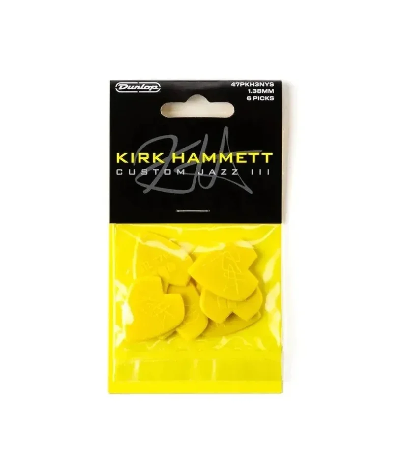 Китари Jim Dunlop 47PKH3NYS Kirk Hammett Yellow Glitter Jazz III комплект 6 перца за китара 1,38 mm